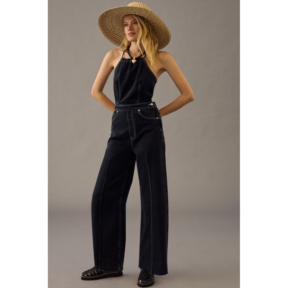 NWT ETICA Cami Halter Black Pearl Denim Jumpsuit Crop Wide Leg Size L - Picture 1 of 16